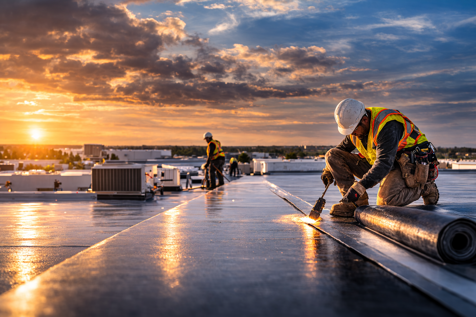 Commercial roofing crew completing a Lincoln NE flat roof tear-off and TPO replacement at sunset