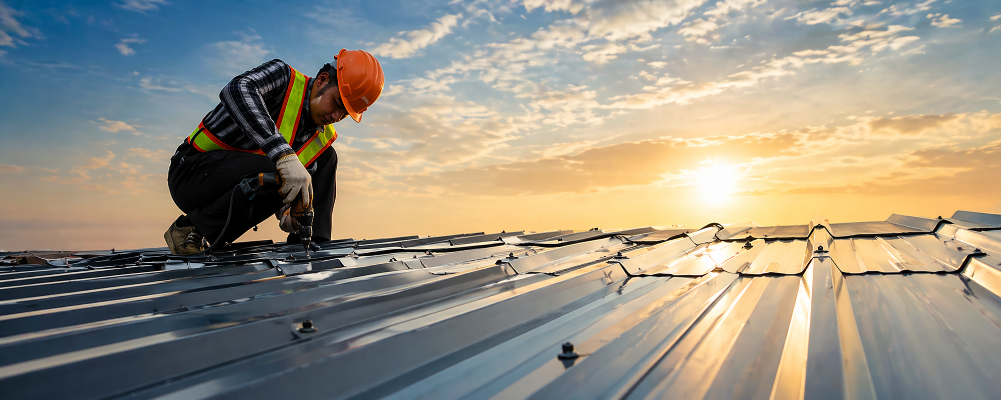 Standing-seam metal roof installation on a Lincoln NE commercial building at golden hour