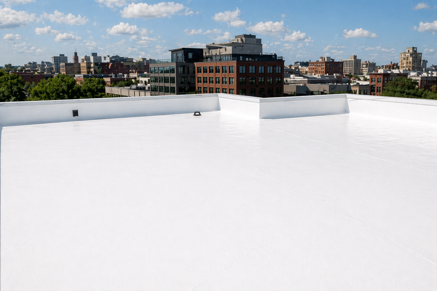 Newly installed reflective white TPO commercial roof on a building near downtown Lincoln, Nebraska