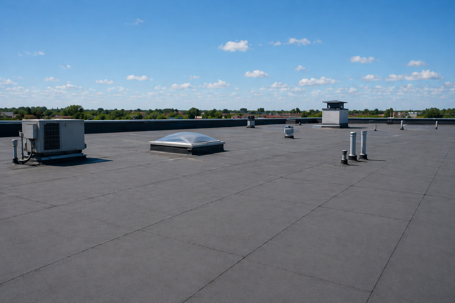 Lincoln NE commercial warehouse flat roof with skylights and HVAC awaiting full replacement